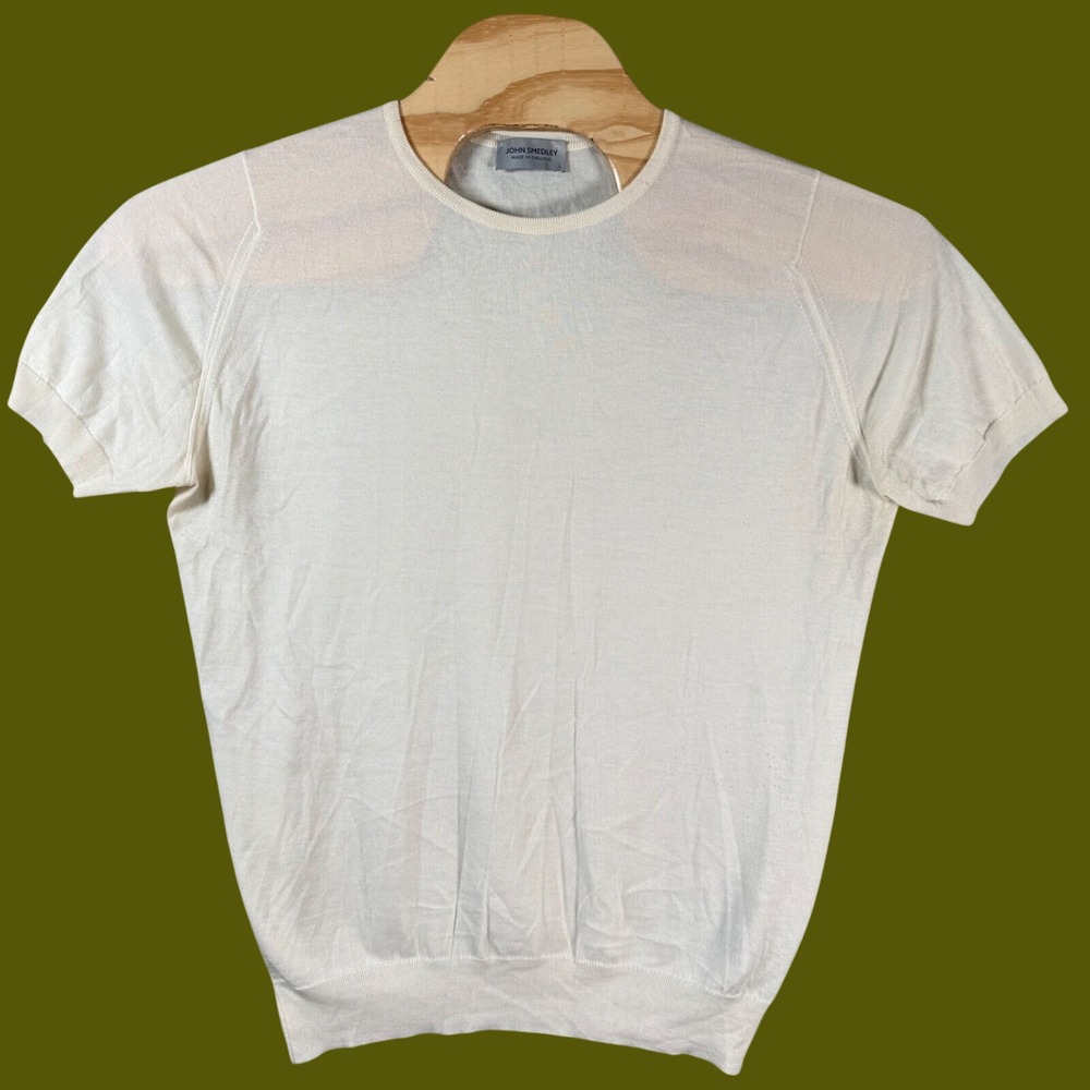 John Smedley Park Knit T-Shirt Mens Large Pale Yellow Wool Cotton Blend Luxury
